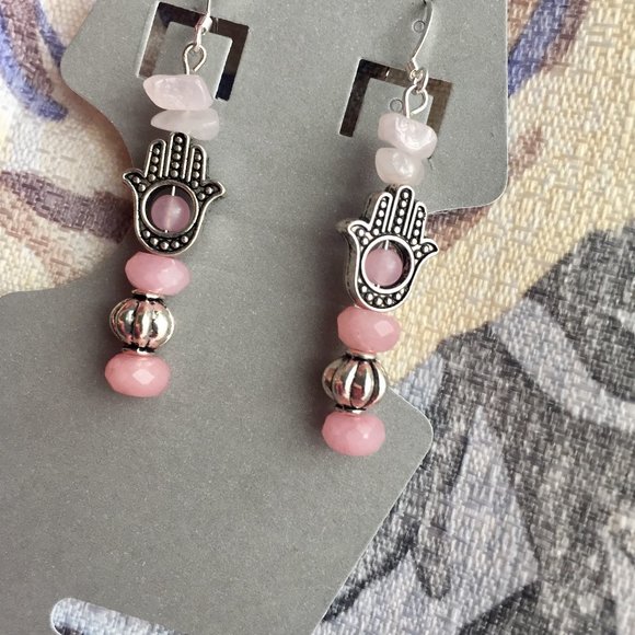 Rosey Transition - Rose Quartz raw stones stacked - Hand of Hamsa Earrings - Picture 4 of 6